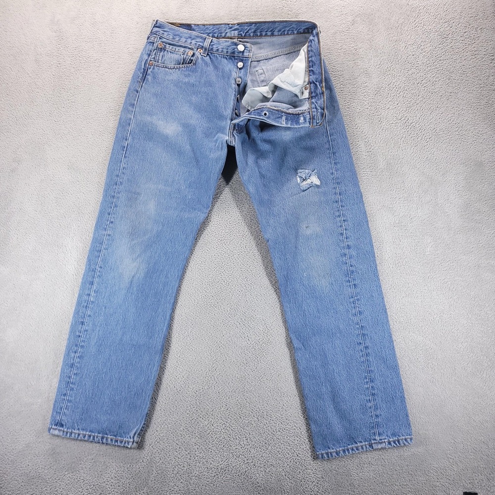 VTG Levis 501 Jeans 32x29 Blue Straight Button Fly Distressed Made in USA 90s